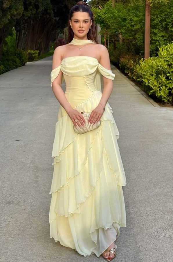 Chiffon Ruffled Flowy Corset Prom Gown , Pastel Yellow Women's Maxi Casual Dress RS2523
