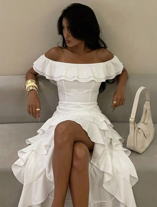 Satin Silky Flowy Prom Gown White Women's Corset Hi-Lo Evening Dress Birthday Dress RS2912
