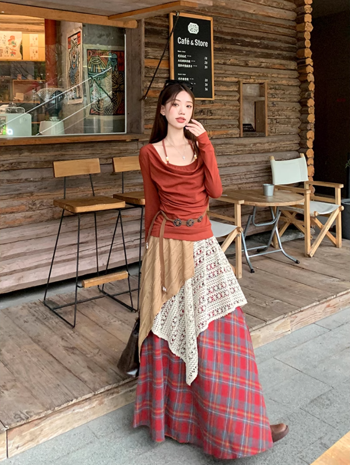 Fairy outfit two-piece suit design halter neck t-shirt fake two-piece plaid skirt suit R1699