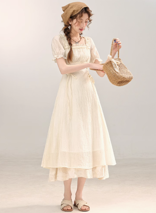 French style gentle waist apricot dress beautiful summer skirt R1922
