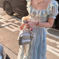 Blue short-sleeved square collar long waist dress summer French retro temperament high waist skirt R4706