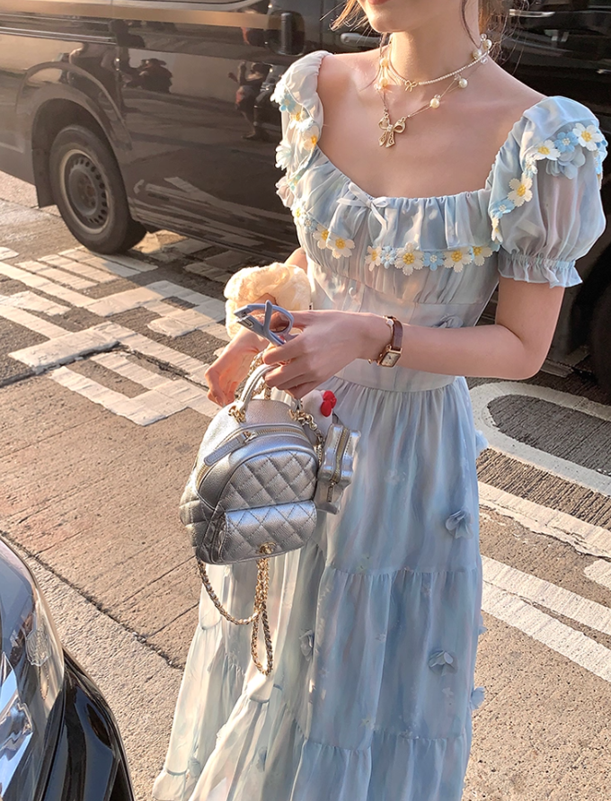 Blue short-sleeved square collar long waist dress summer French retro temperament high waist skirt R4706