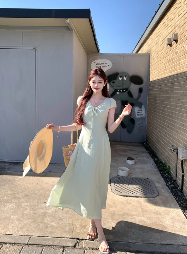 Green long v-neck short-sleeved dress women's summer loose slim temperament skirt R4832