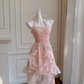 Pink halter neck slim waist irregular skirt mid-length skirt homecoming dress R4134