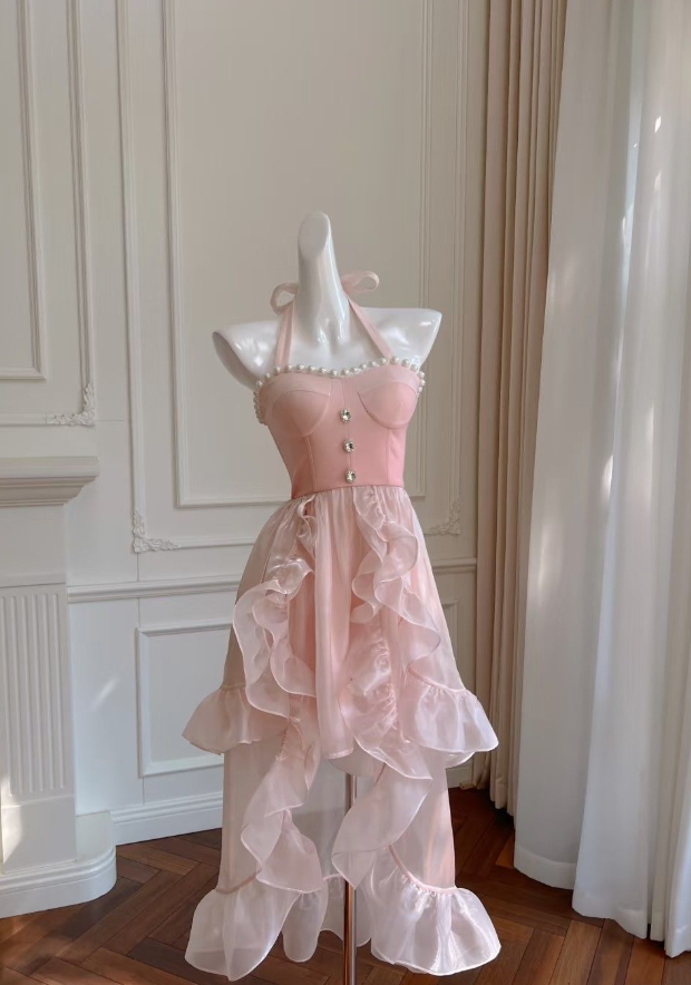 Pink halter neck slim waist irregular skirt mid-length skirt homecoming dress R4134