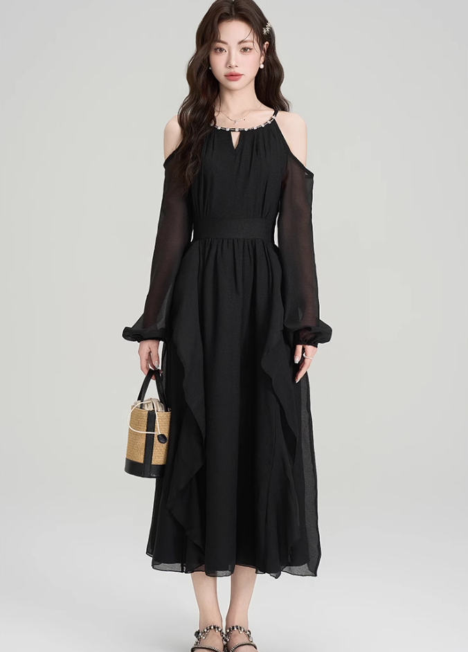 French style beautiful holiday long dress summer new ruffled halter neck off-shoulder dress R2364