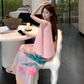 Fashion suit irregular pleats loose cover flesh thin sleeveless vest pleated printed skirt two-piece suit R1729