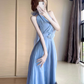Blue V-neck halter dress for women French gentle temperament holiday style waist A-line long skirt R0427