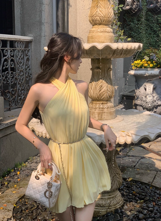 French yellow dress for women in summer pure desire style temperament waist slimming princess short skirt R4300