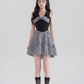 Black halter neck skirt new summer plaid waist high-end dress bow French retro skirt R4144