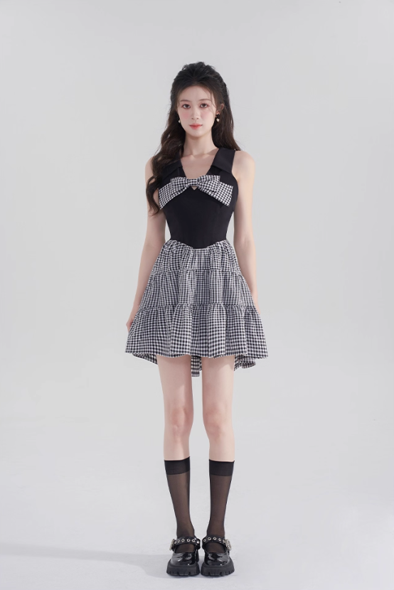 Black halter neck skirt new summer plaid waist high-end dress bow French retro skirt R4144