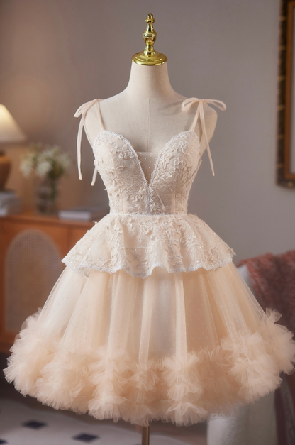 Cute Champagne A-line Spaghetti Straps Corset Mini Party Dress Homecoming Dress RS511
