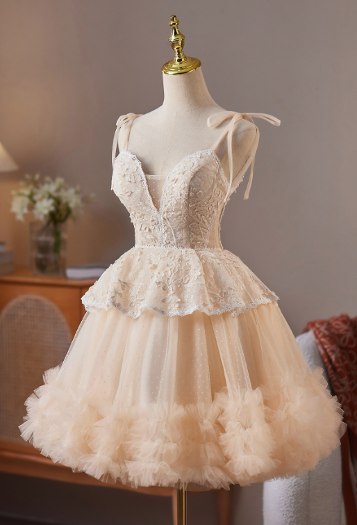 Cute Champagne A-line Spaghetti Straps Corset Mini Party Dress Homecoming Dress RS511