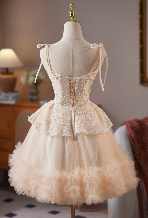 Cute Champagne A-line Spaghetti Straps Corset Mini Party Dress Homecoming Dress RS511