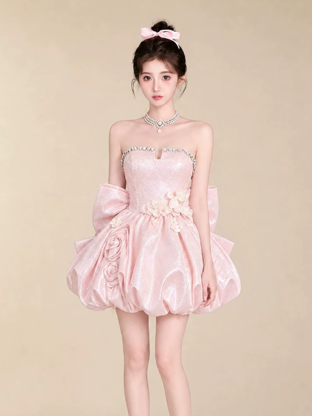 Sweet Satin Bow Women's Homecoming Dress Pink Corset Short Prom Dress Party Dress RS2757