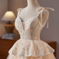Cute Champagne A-line Spaghetti Straps Corset Mini Party Dress Homecoming Dress RS511