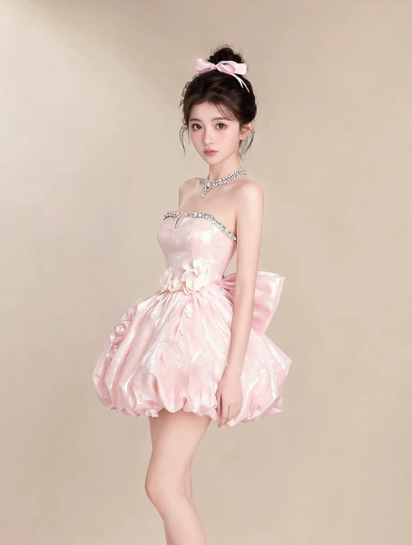 Sweet Satin Bow Women's Homecoming Dress Pink Corset Short Prom Dress Party Dress RS2757