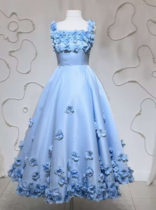 Satin Silky Applique Corset Prom Gown , Blue Women's Maxi Evening Dress Ball Gown RS2418