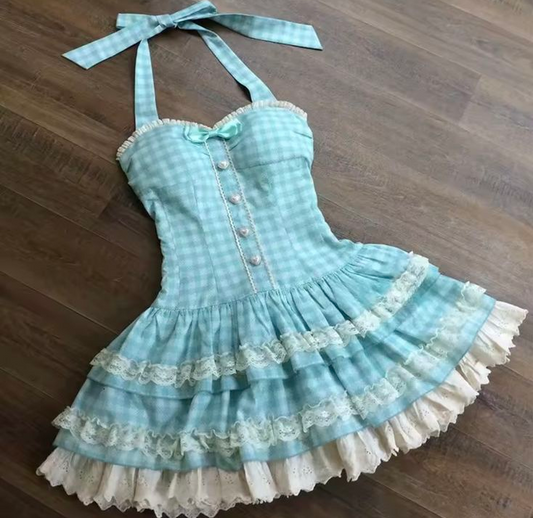 Pretty Blue Ruffled Homecoming Dress ,A-Line Halter Plaid Corset Short Prom Dress RS780