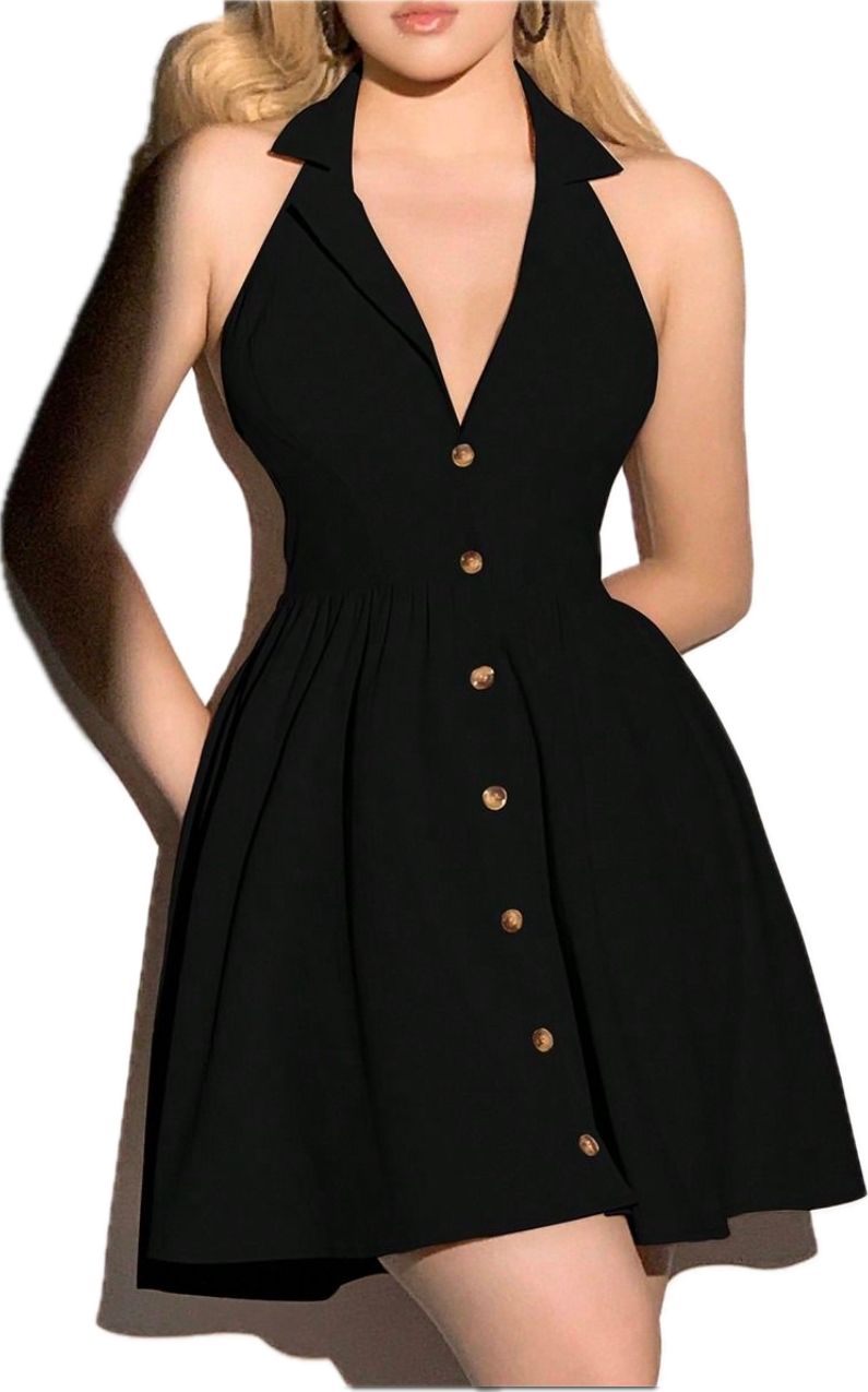 Black halter neck V-neck slim waist A-line short skirt homecoming dress R3851