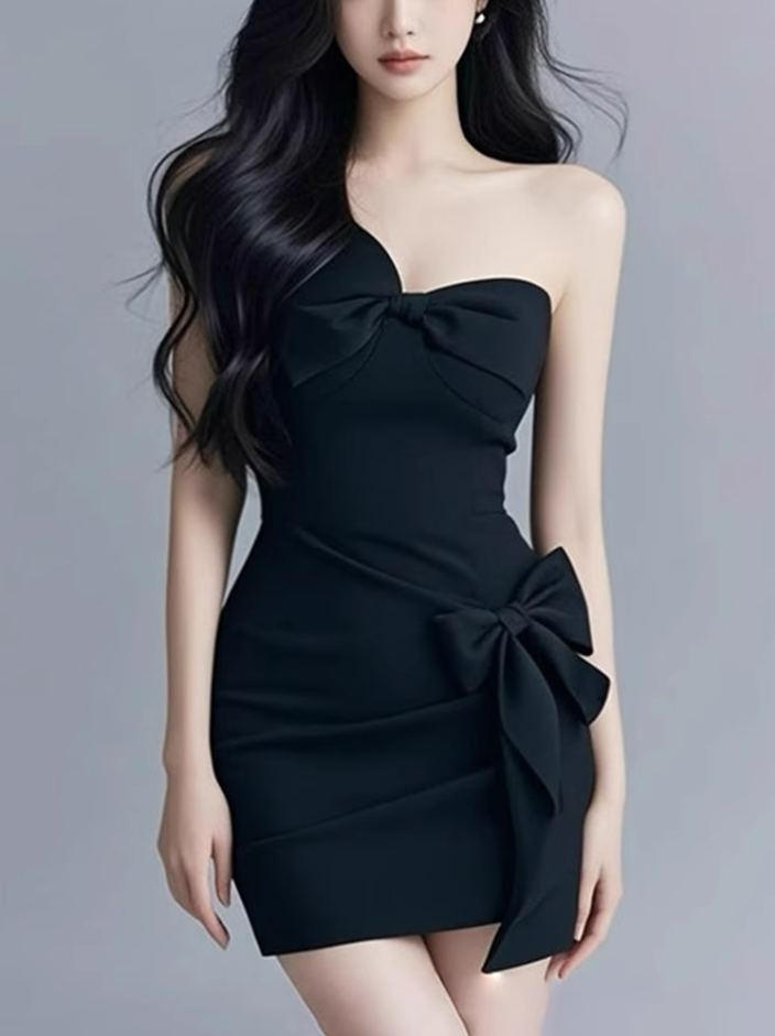 High-grade bow-knot off-shoulder tube dress 2025 waist-hugging hip dress R1152