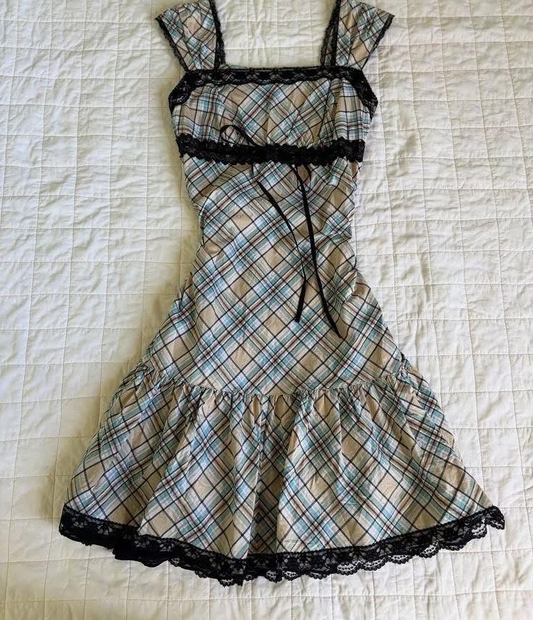 Pretty Plaid Homecoming Dress ,A-Line Spaghetti Straps Lace Trim Corset Short Prom Dress RS781