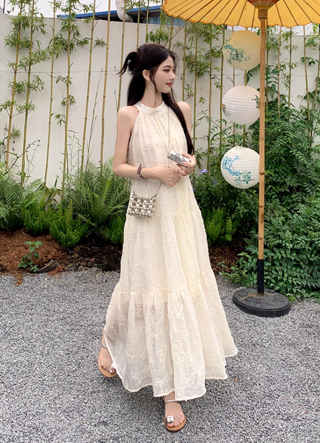 White lace off-shoulder beach maxi dress holiday suspender dress French retro dress R1697