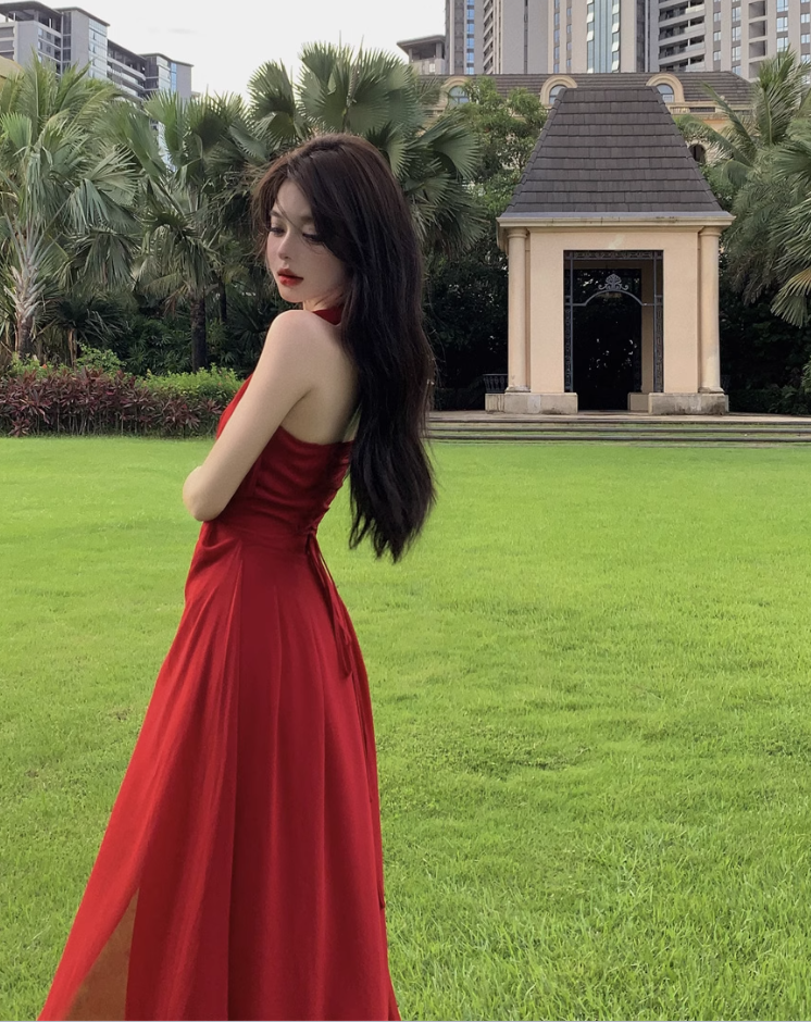 French seaside holiday long dress, temperament and slim red v-neck halter neck drape dress R1600