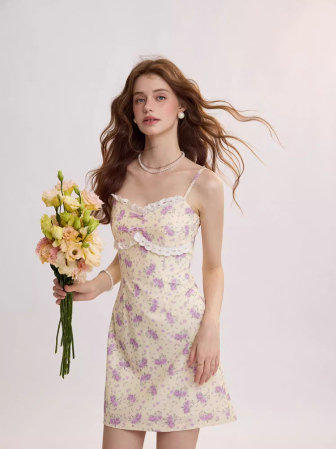 French floral suspender short dress R2711