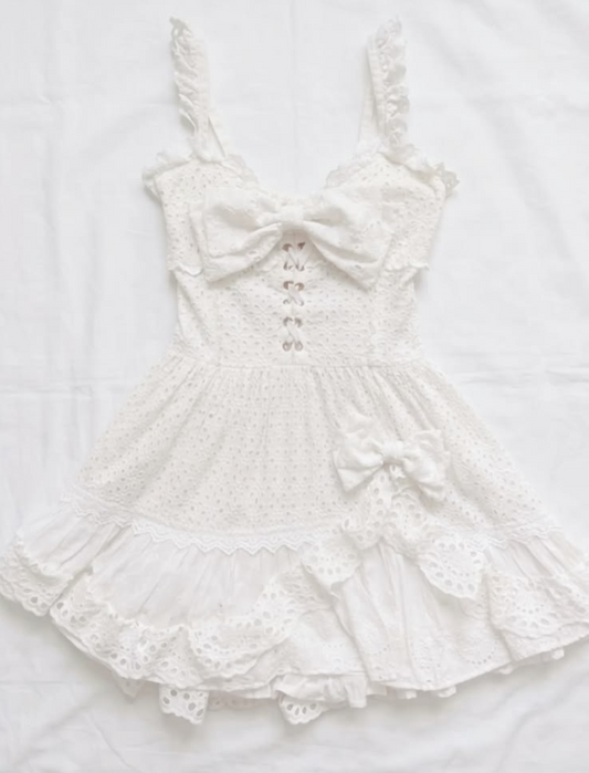 Fresh White Homecoming Dress ,A-Line Spaghetti Straps Bow-knot Cute Summer Dress RS782