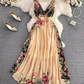 Fashionable and elegant long dress with V-neck, slim waist and positioning print A-line swing dress R0357