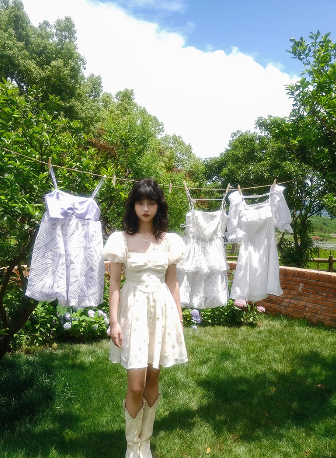 French puff sleeve white floral dress fairy temperament dress vacation R2762