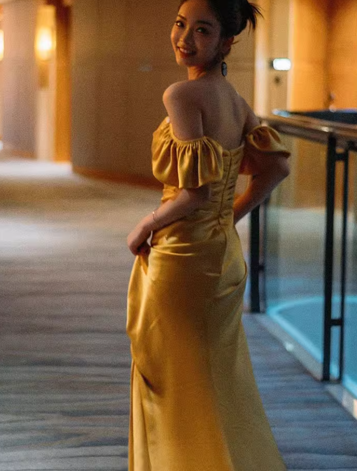 New Chinese style gold one shoulder cheongsam banquet evening dress homecoming dress R2980