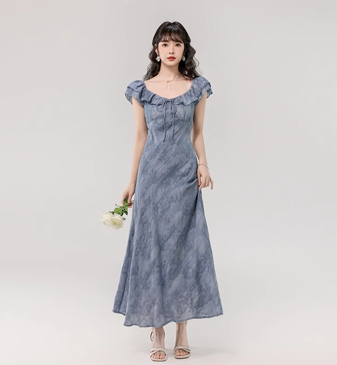 French gentle style retro blue lotus leaf collar dress beautiful waist A-line long skirt R0879
