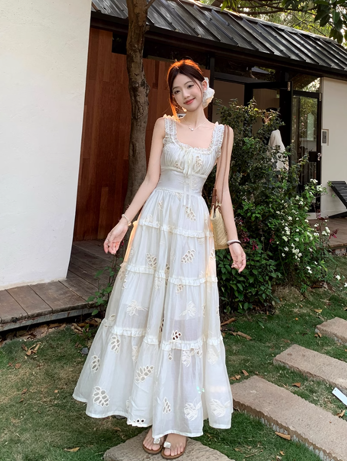 Fairy waist skirt travel photo shoot long skirt exposed waist suspender dress R1763