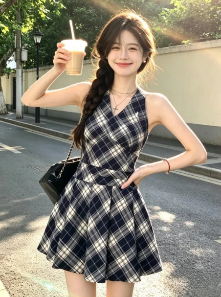 Minimalist Black and White Homecoming Dress ,A-Line Halter Plaid Cute Summer Dress RS783