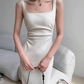 Square neck camisole dress 2025 temperament waist hip slit high-end long skirt R1452