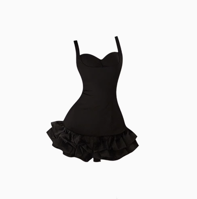 French hottie slim suspender dress 2025 holiday style fluffy little black dress R1073