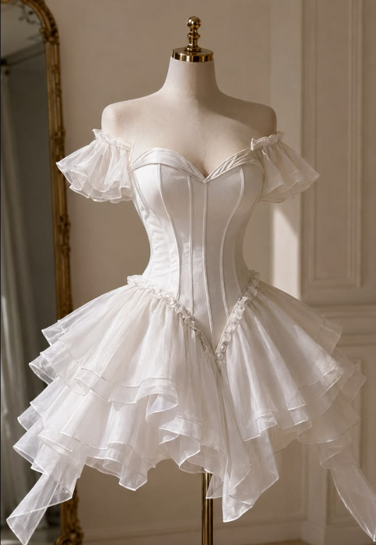 Elegant White Homecoming Dress ,A-Line Sweetheart Tulle Corset Short Prom Dress RS786