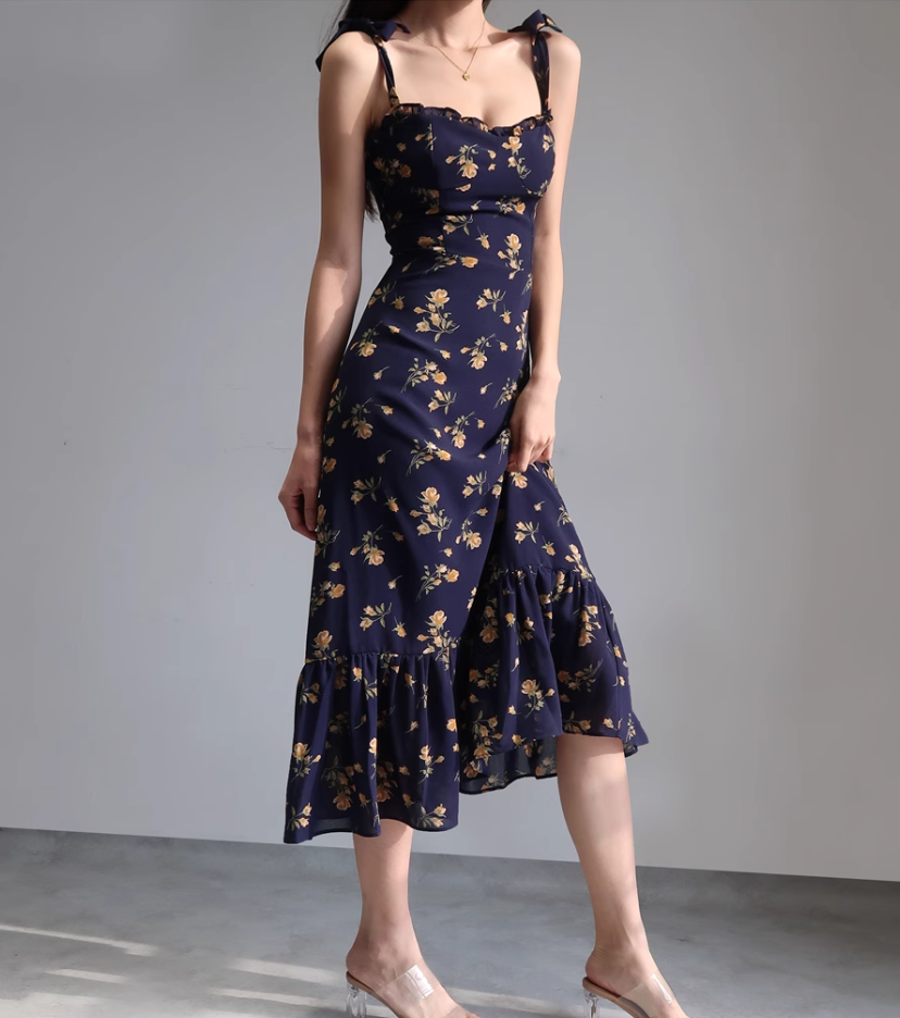 French Slim Sexy Ruffle Edge Floral Dress A-Line Waist Suspender Long Dress R2813