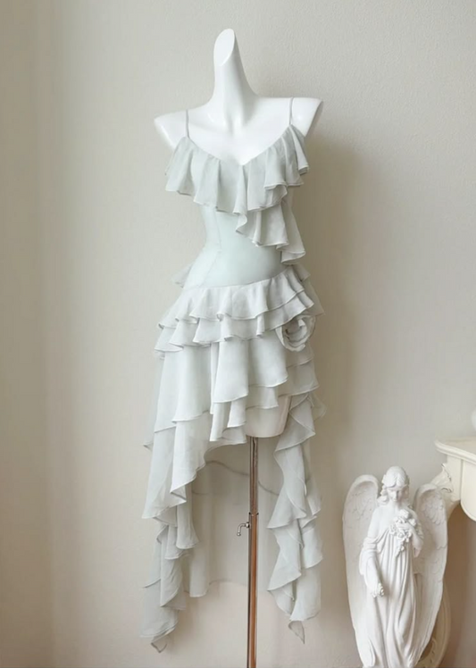 Fresh Ivory Ruffled A-Line Spaghetti Straps Corset Hi-Lo Prom Dress RS799
