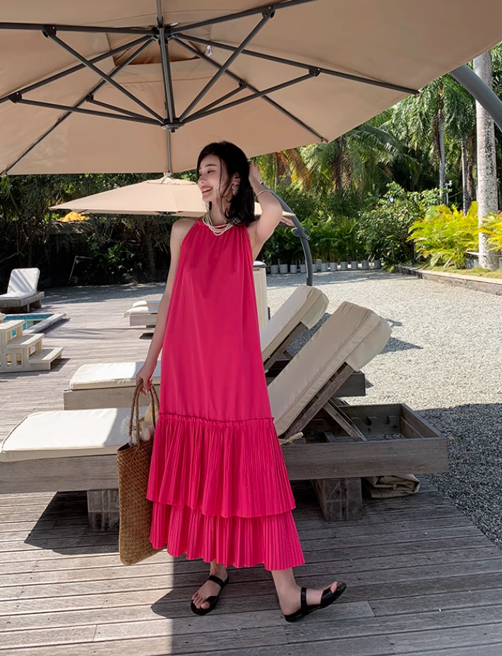 Seaside holiday style rose red white sleeveless dress high-grade layered pleated skirt R1582