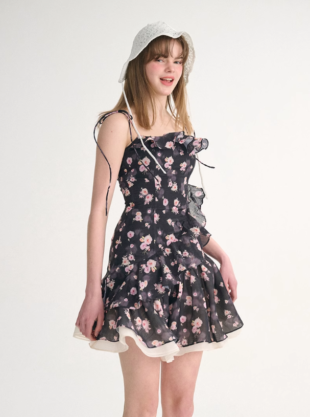 French style skirt short suspender skirt floral dress small flower skirt R2753