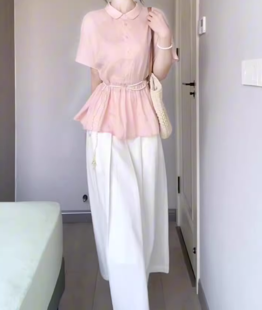 A set of beautiful pink short-sleeved shirt a-line skirt two-piece suit 2025 new R0846