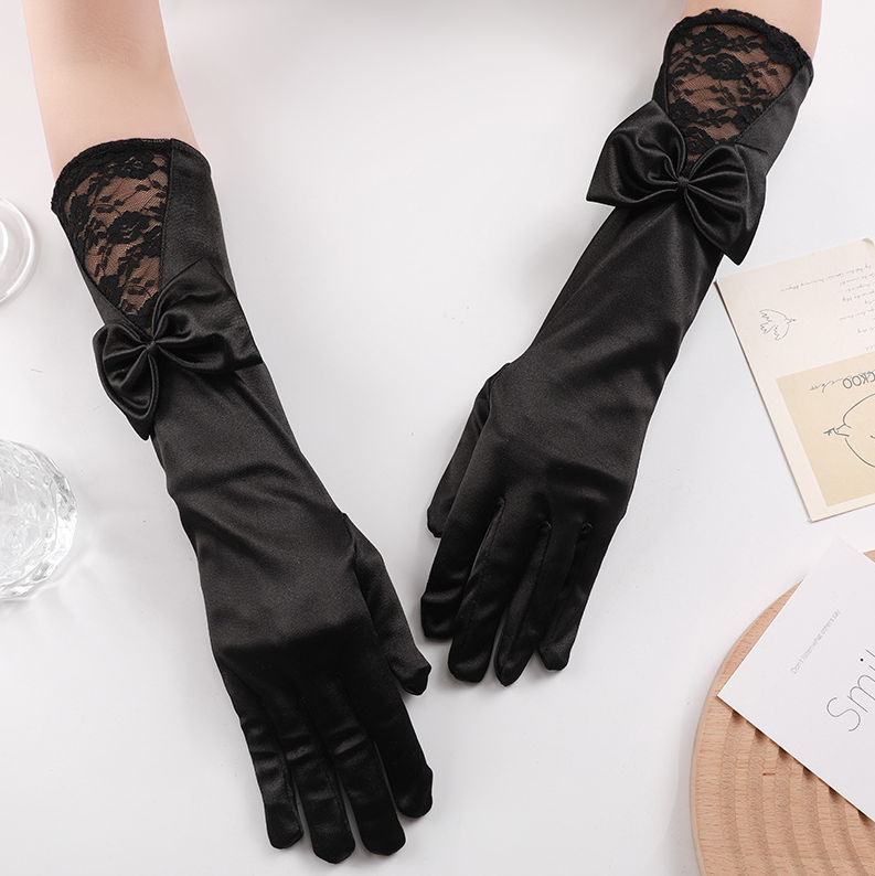 Stage performance long bow lace gloves satin wedding dress bride etiquette performance     S6256