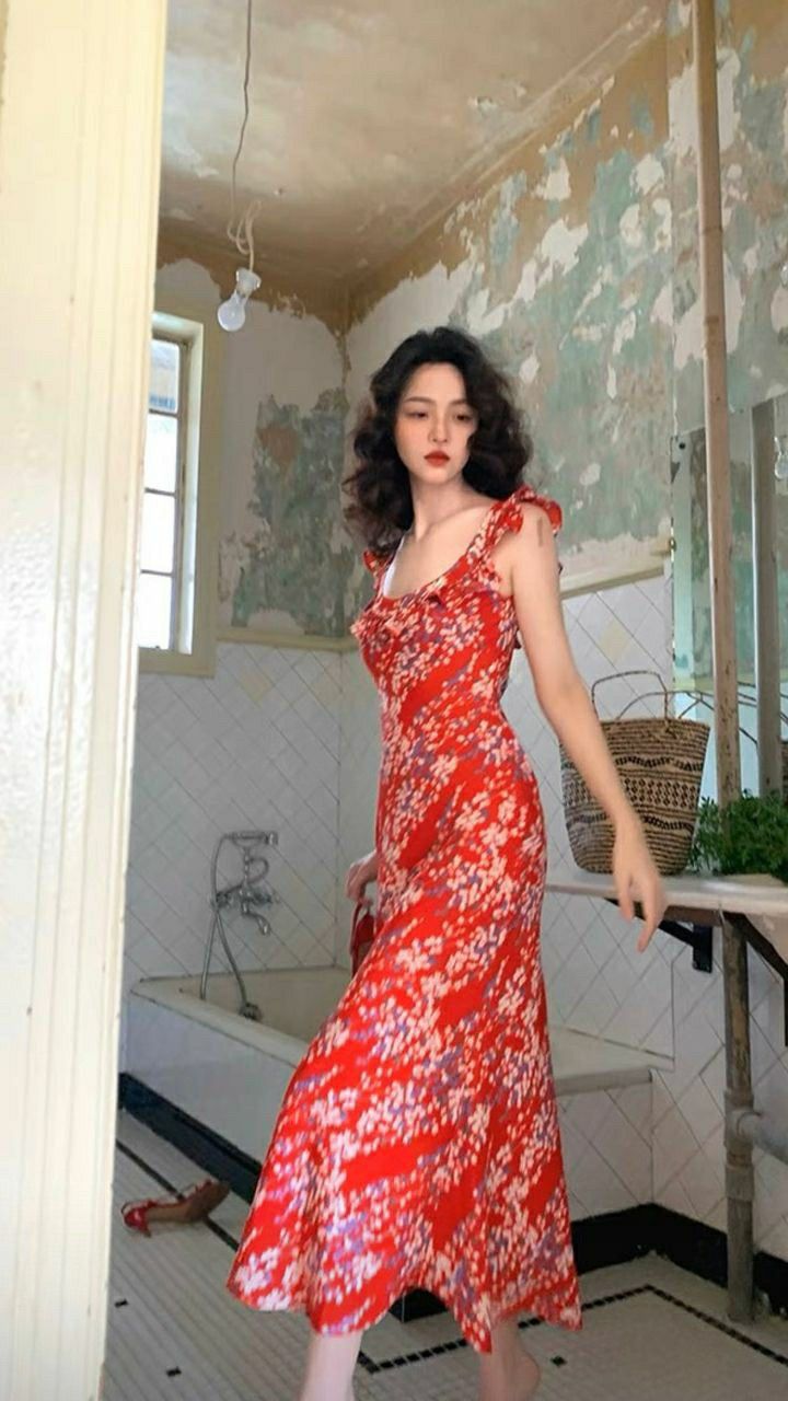 Retro red floral waist slim fit long skirt homecoming dress R3430