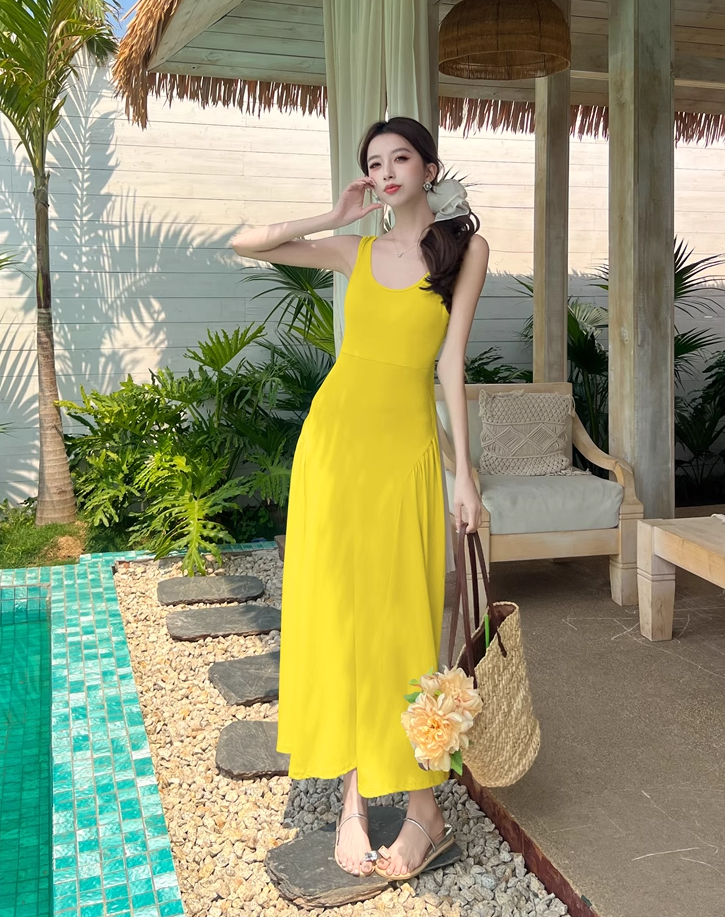 Temperament I-shaped vest dress design niche waist-revealing long skirt R0663