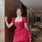Red princess dress puff sleeves square neck waist slim puffy short skirt homecoming dress R3476