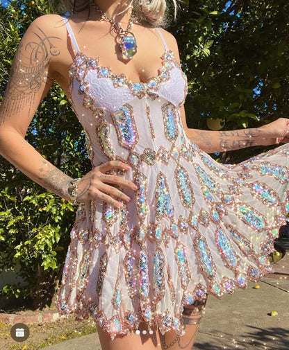 Pink suspenders sexy sequin waist slim homecoming dress R2839