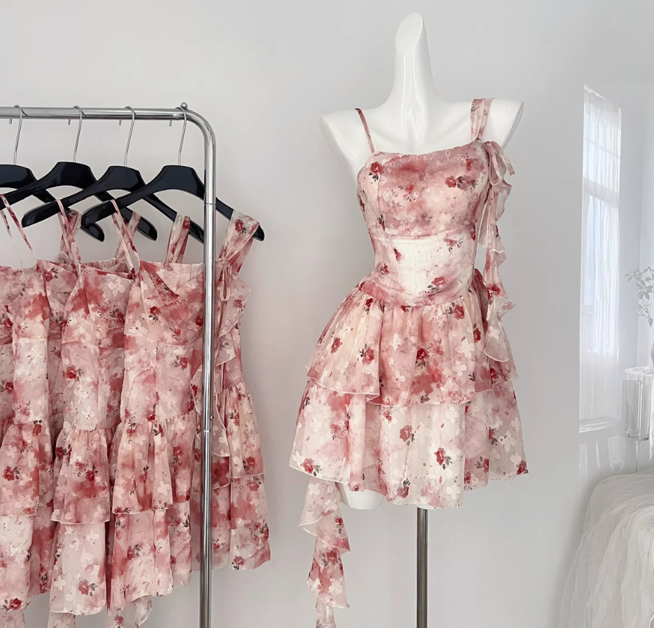 New arrival Huaqi wild rose holiday fairy irregular red floral dress R1993